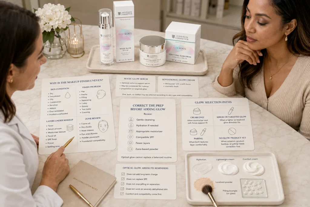 Licensed esthetician reviewing dehydration, oil balance, SPF compatibility, powder placement, product pilling, and makeup texture beside verified Janssen Magic Glow Serum and Sensational Glow Cream.