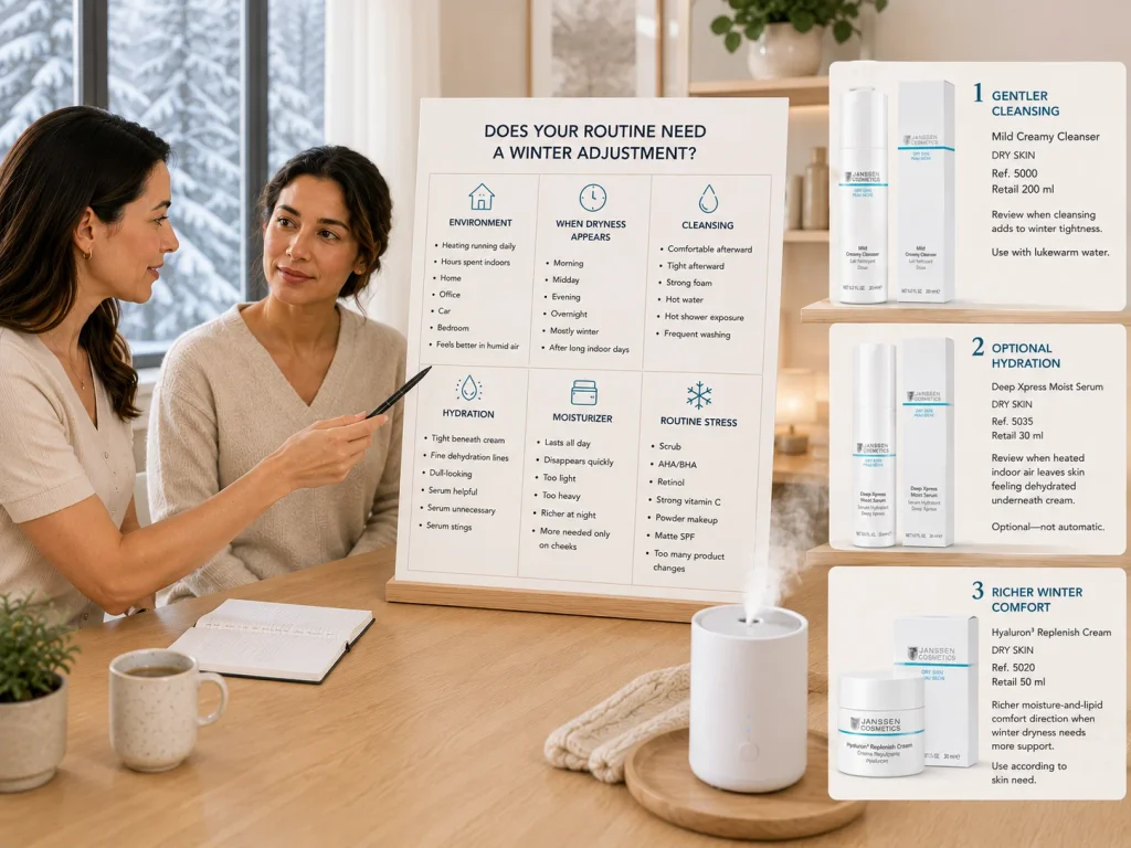 Licensed esthetician reviewing indoor heating, winter weather, cleansing, hydration, moisturizer texture, active products, makeup, and facial zones with a client experiencing winter dry skin.