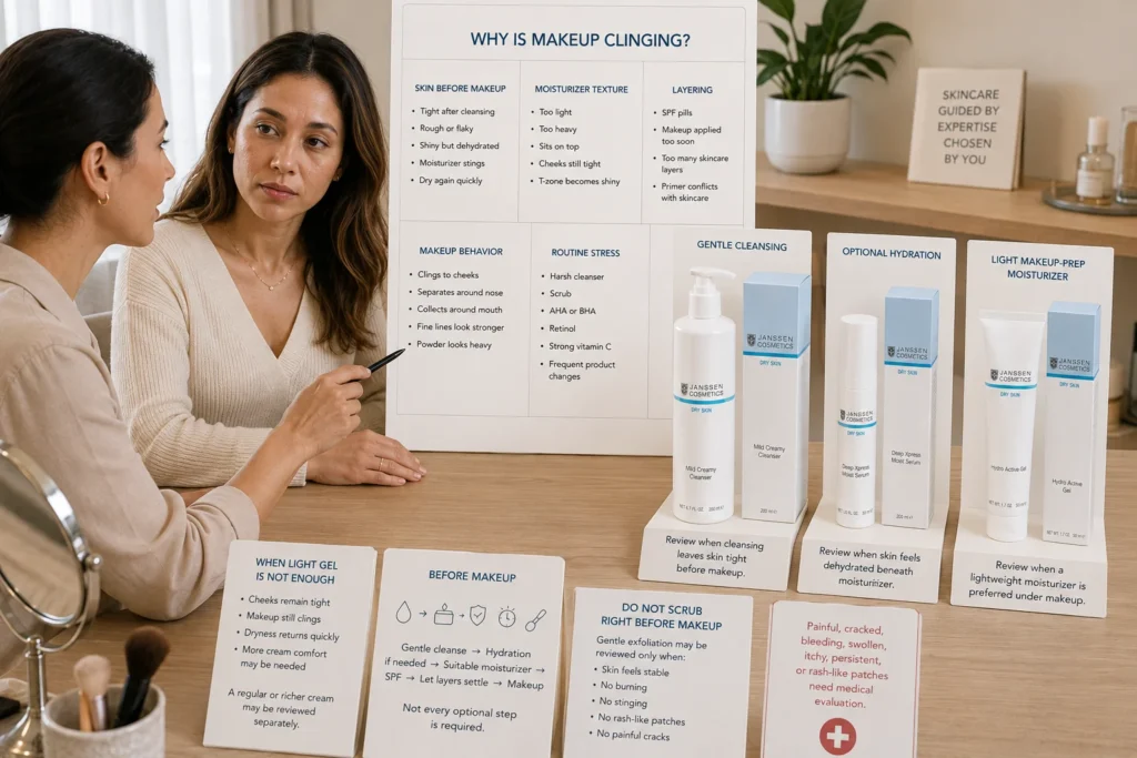 Licensed esthetician reviewing dry patches, cleansing, hydration, moisturizer texture, SPF layering, and makeup behavior beside verified Janssen Dry Skin products.
