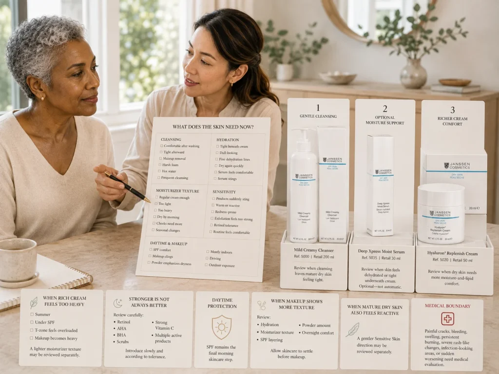 Licensed esthetician reviewing hydration, cleansing, moisturizer texture, sensitivity, SPF, and makeup needs with a mature client beside verified Janssen Dry Skin products.