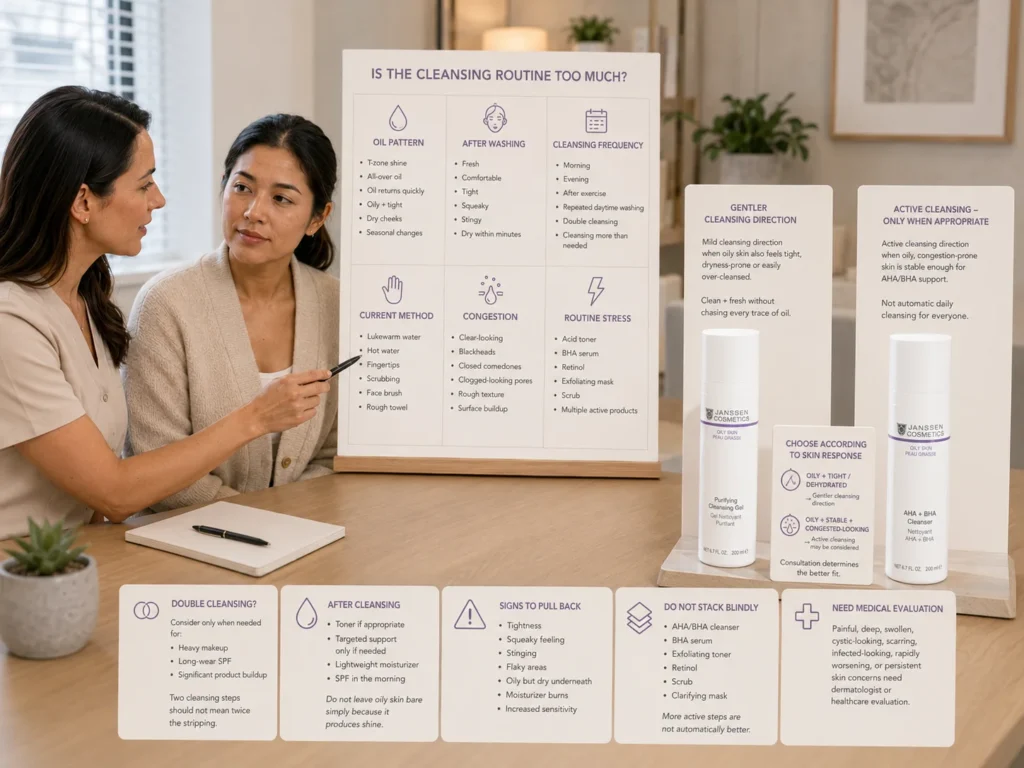 Licensed esthetician comparing Janssen Purifying Cleansing Gel and AHA + BHA Cleanser as alternative oily-skin cleansing directions based on tightness, dehydration, congestion, and tolerance.