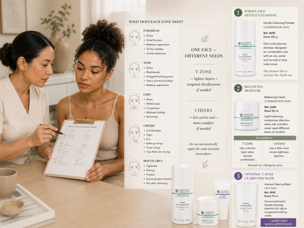 Licensed esthetician assessing an oily T-zone and tighter cheeks while using Janssen Gentle Cleansing Powder and Balancing Cream as combination-skin directions and Intense Clearing Mask only as optional T-zone support.