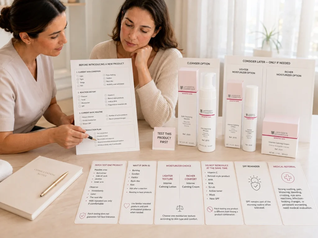 Licensed esthetician reviewing a patch-test plan with a sensitive-skin client and Janssen Cosmetics Sensitive Skin products.