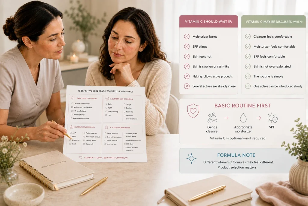 Licensed esthetician assessing whether sensitive skin is stable enough to discuss retinol beside verified Janssen Soft Cleansing Mousse and alternative Intense Calming moisturizers.