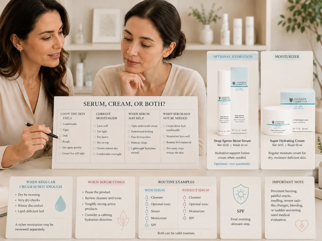 Licensed esthetician deciding whether dry skin needs hydrating serum, moisturizer, or both beside Janssen Deep Xpress Moist Serum and Super Hydrating Cream.