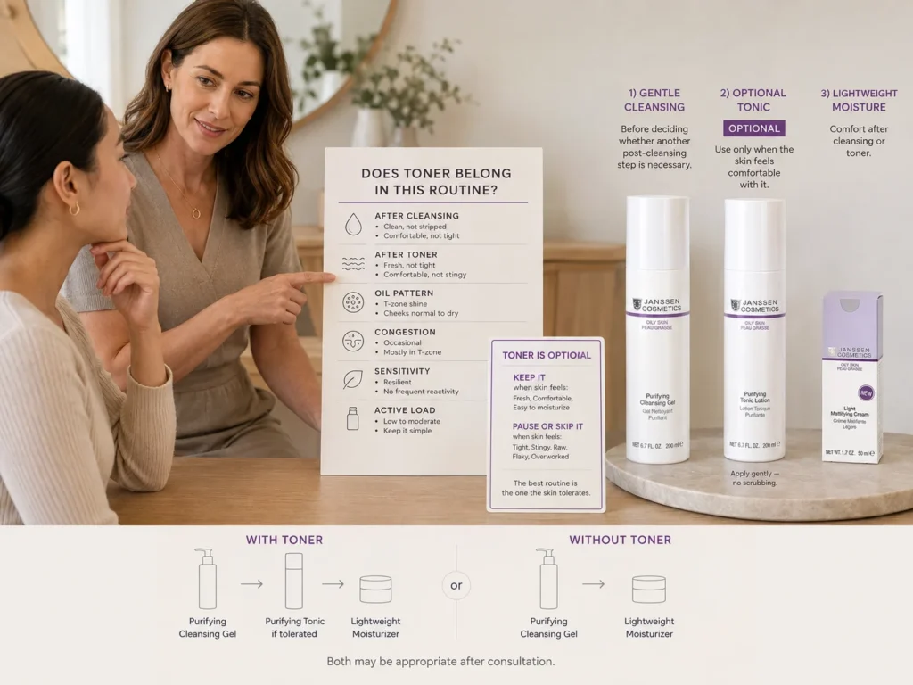 Licensed esthetician reviewing whether toner belongs in an oily-skin routine based on post-cleansing comfort, shine, sensitivity, congestion, and current active products.