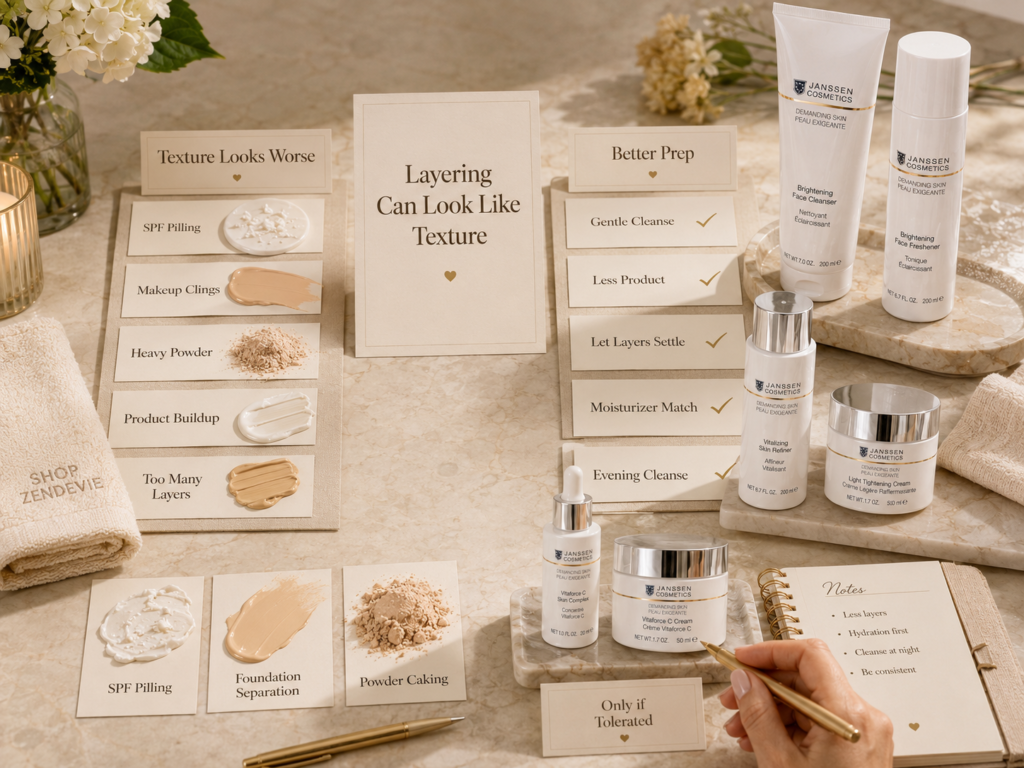 Luxury skincare education image showing how SPF pilling, makeup clinging, heavy powder, product buildup, and too many layers can make texture look more visible.