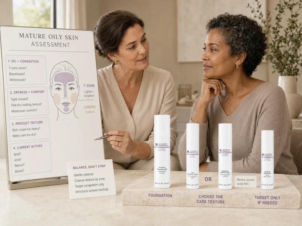 Esthetician assessing mature oily skin and comparing lighter versus richer Janssen Cosmetics Oily Skin care with targeted BHA only where needed.