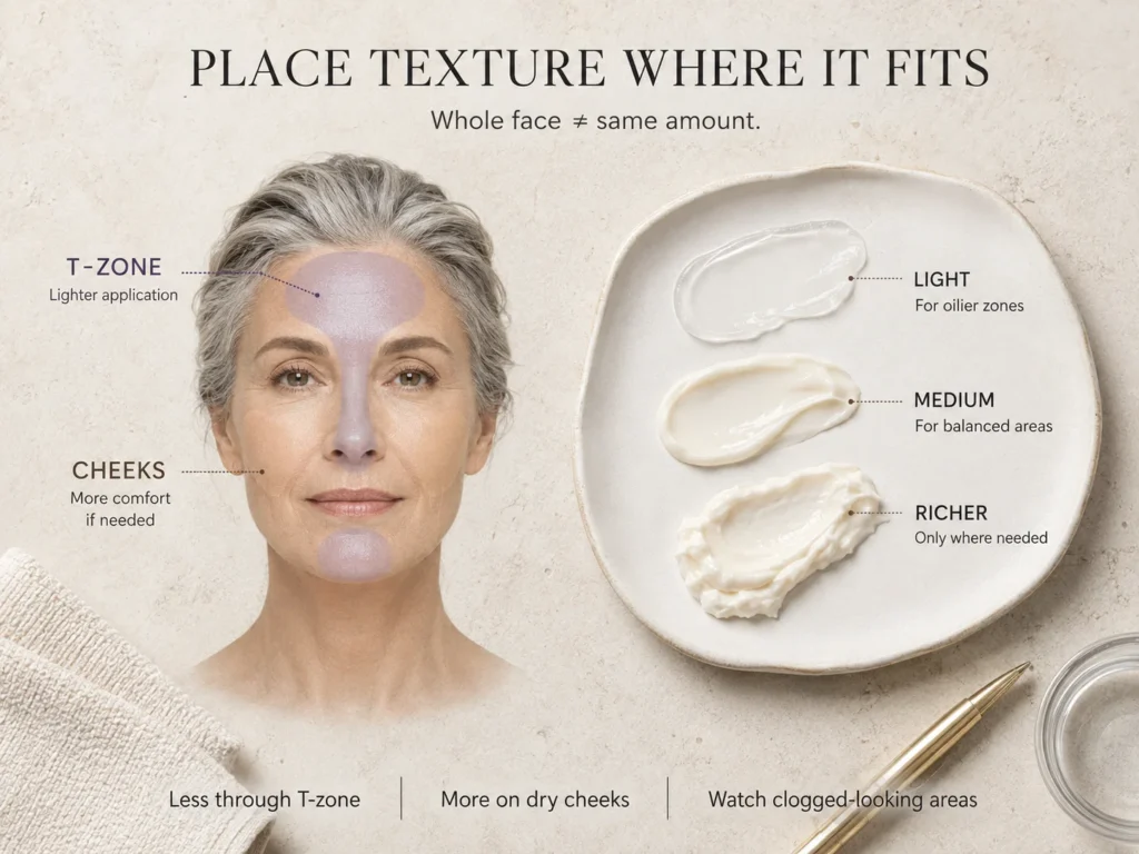 Mature oily-skin zone guide showing lighter moisturizer placement on the T-zone and more comfort on drier cheeks.