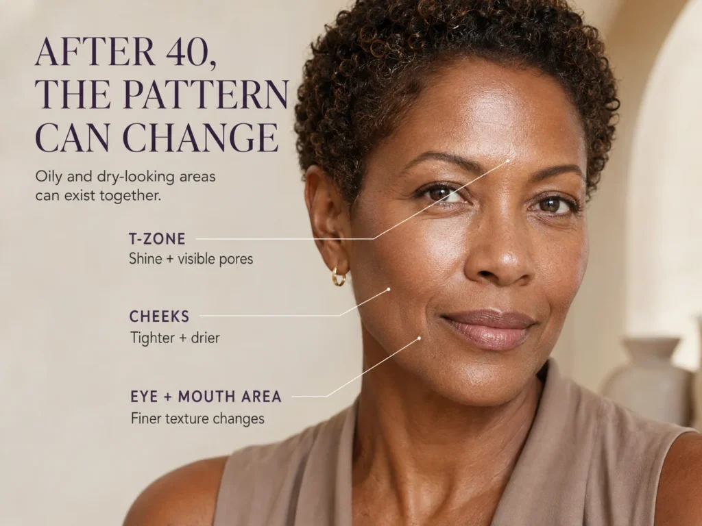 Mature woman with leader lines showing oily T-zone, drier cheeks, and natural age-related texture differences.