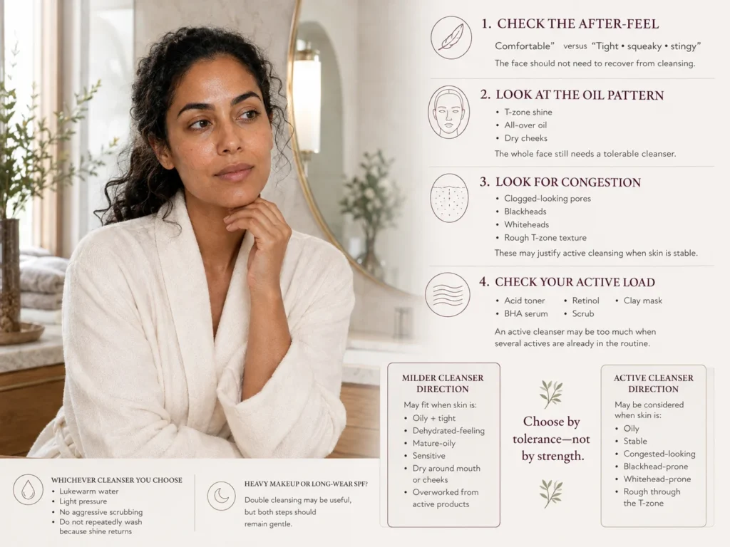 Woman using a practical decision guide to choose between a mild cleanser and an active cleanser based on tightness, oil pattern, congestion, and current active-product use.
