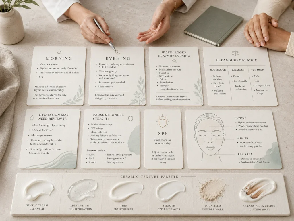 Morning and evening routine guide showing lighter daytime layers, final morning SPF, appropriate makeup removal, gentle cleansing, moisturizer, and active-product pauses.