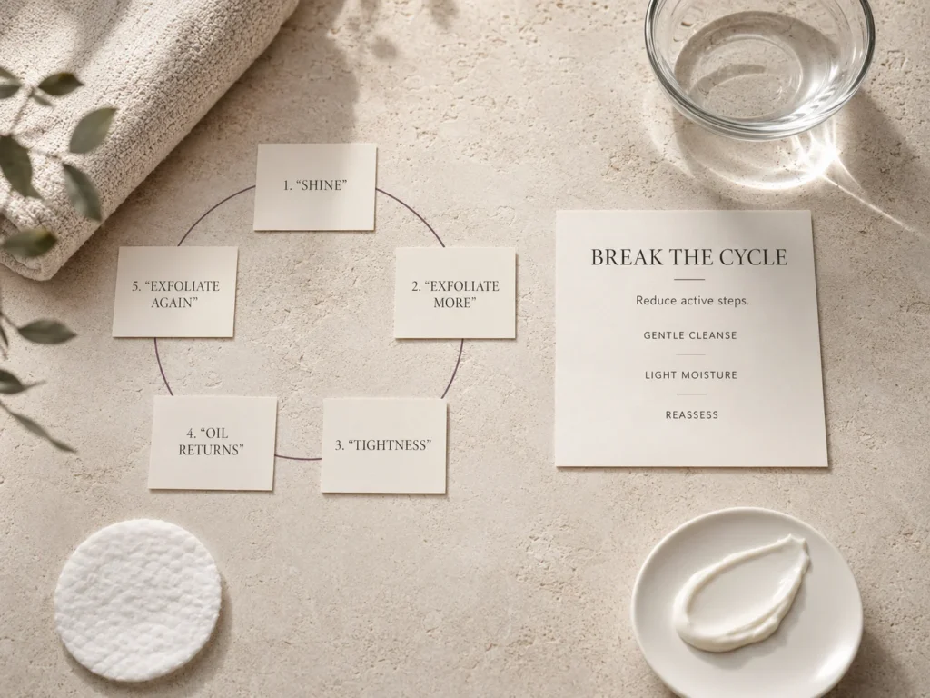 Luxury skincare visual showing the cycle of shine, repeated exfoliation, tightness and returning oil, with guidance to reduce active steps.