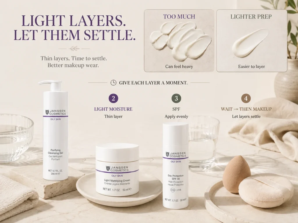 Lightweight skincare layering guide showing cleansing, light moisture, SPF, settling time, and then makeup for oily skin.