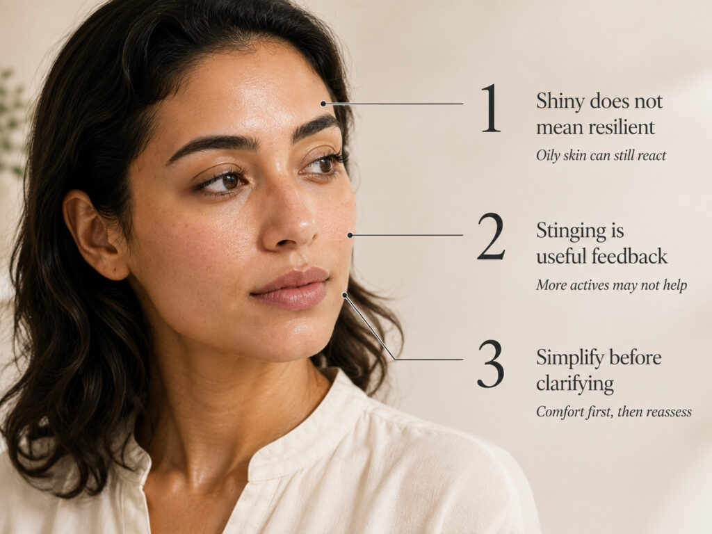 Oily T-zone and tight-feeling cheeks demonstrating how oily and sensitive-feeling skin can occur together.
