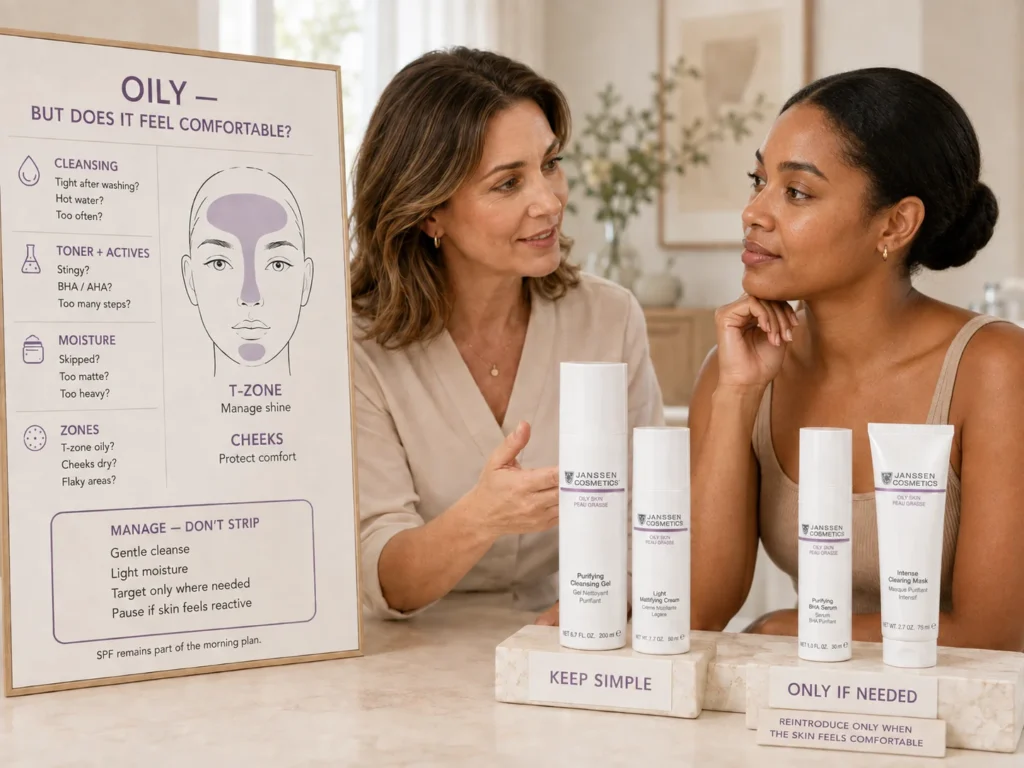 Esthetician helping a client manage oily skin without stripping by separating simple daily care from optional targeted BHA and mask care.