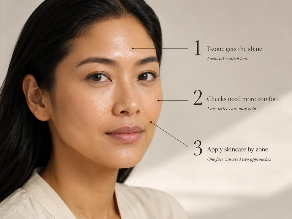 Close-up woman with three callouts explaining that the oily T-zone and drier cheeks may need different skincare placement.