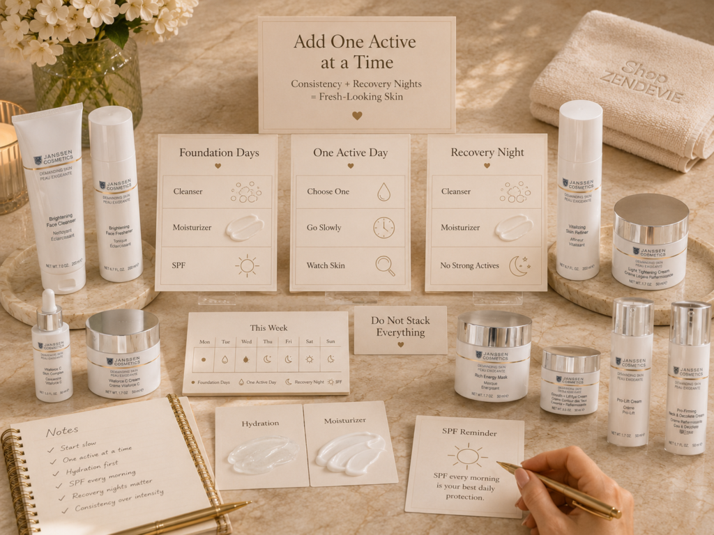 Luxury skincare education image showing how to use one active at a time with recovery nights and a calm routine foundation.