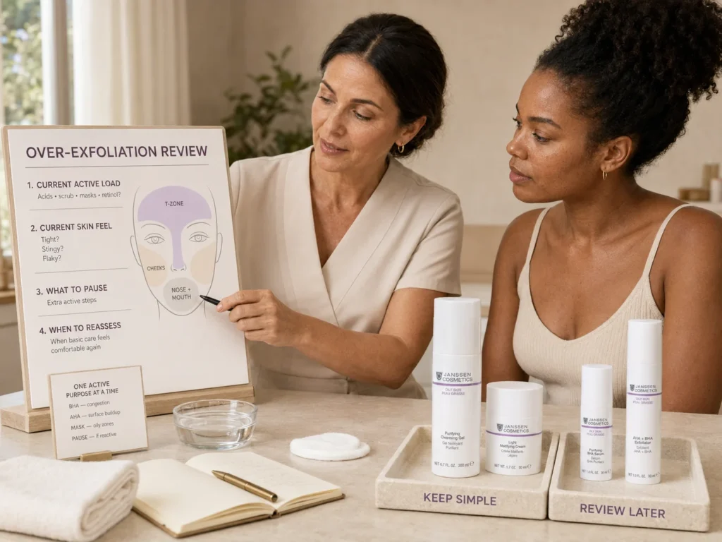 Esthetician helping a client simplify an over-exfoliated oily-skin routine, with Janssen Oily Skin basics separated from clarifying products to reconsider later.