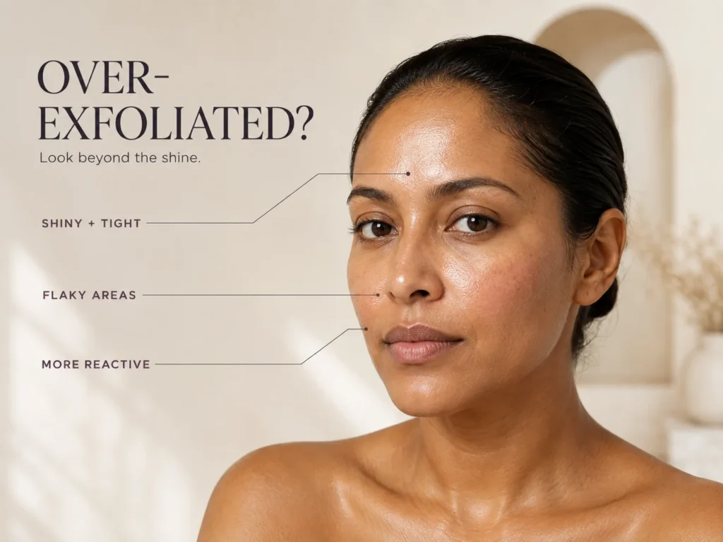 Oily-skin model with leader lines identifying a shiny-but-tight T-zone, subtle flakes around the nose and mouth, and more reactive-looking cheeks.