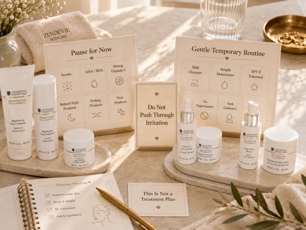 Luxury educational image showing which active products to pause when dull-looking skin appears irritated or medically concerning.