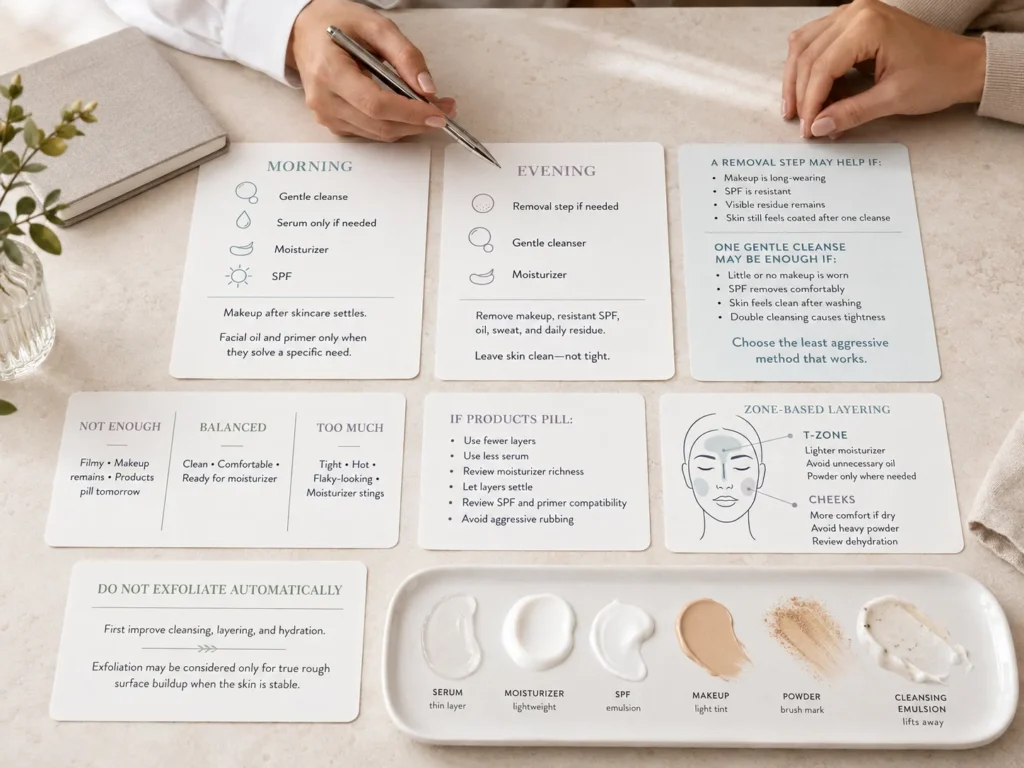 Simplified morning and evening routines showing fewer skincare layers, optional makeup or SPF removal, balanced cleansing, zone-based moisture, and pilling solutions.