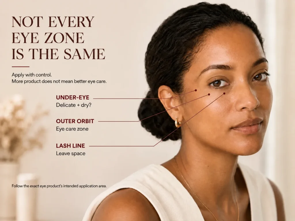 Sensitive eye-area model with leader lines identifying the under-eye, outer orbital area, and lash-line boundary for careful skincare placement.