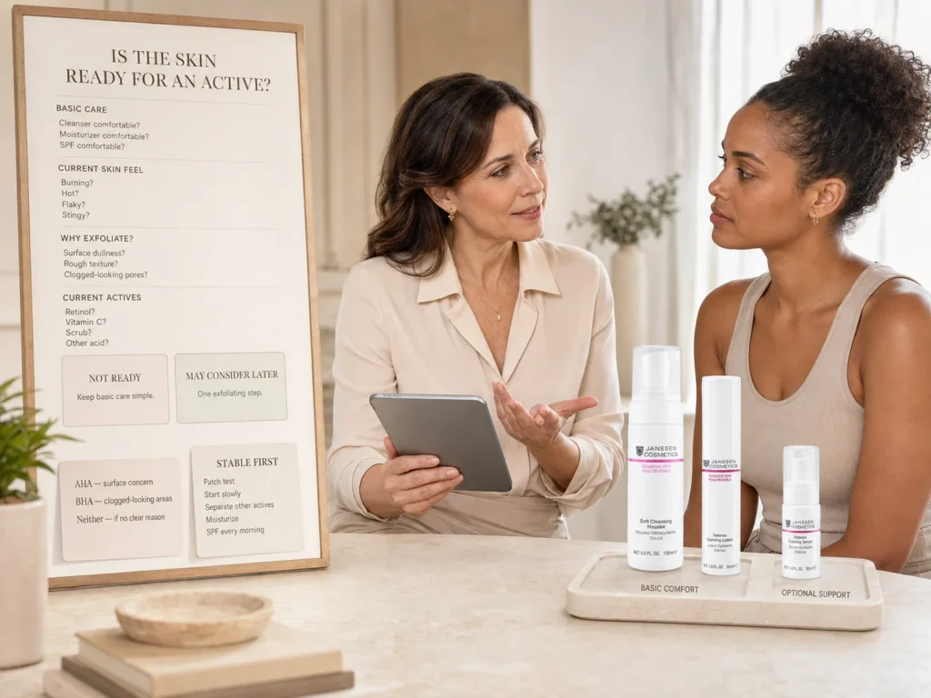 Esthetician assessing whether stable sensitive skin is ready to consider one exfoliating active while Janssen Sensitive Skin basic comfort products remain the foundation.