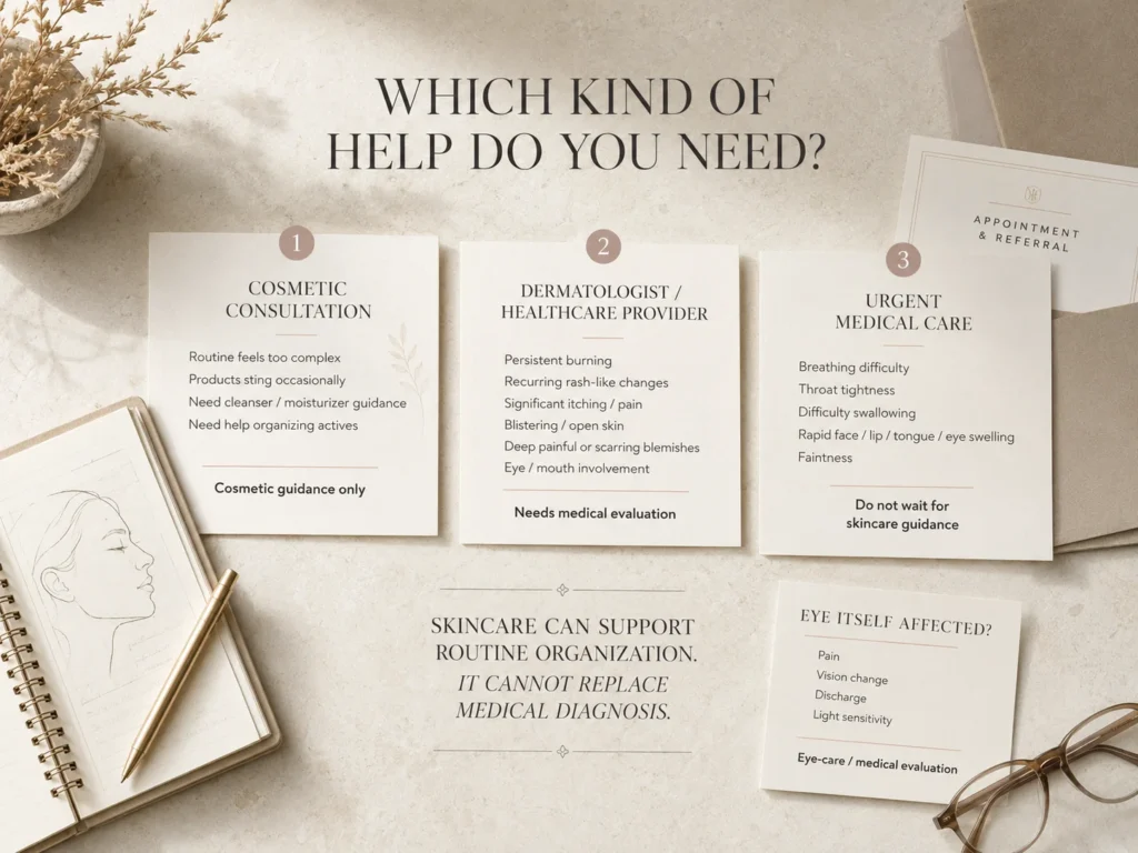 Elegant decision guide distinguishing when sensitive-skin concerns may fit cosmetic consultation, dermatologist evaluation, or urgent medical care.