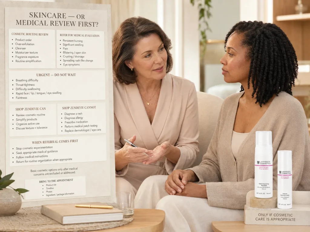 Esthetician explaining when sensitive-skin routine concerns can be reviewed cosmetically and when dermatologist referral should come before any new skincare recommendation.