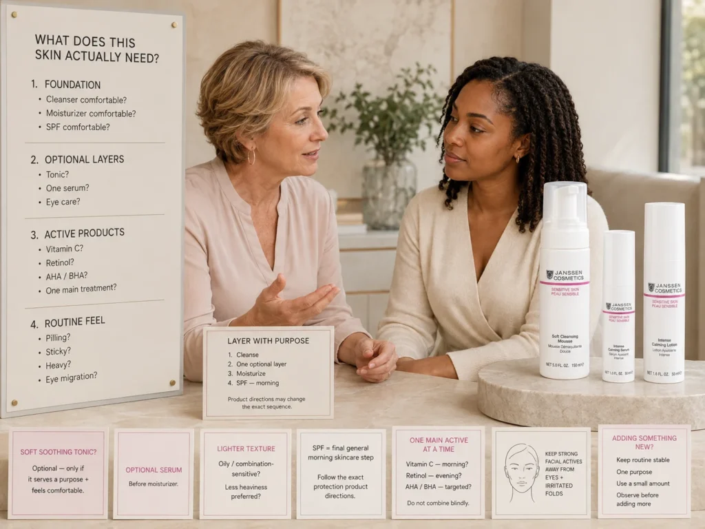Esthetician organizing a sensitive-skin routine into a gentle cleanser, one optional serum, one suitable moisturizer texture, and daytime SPF guidance.