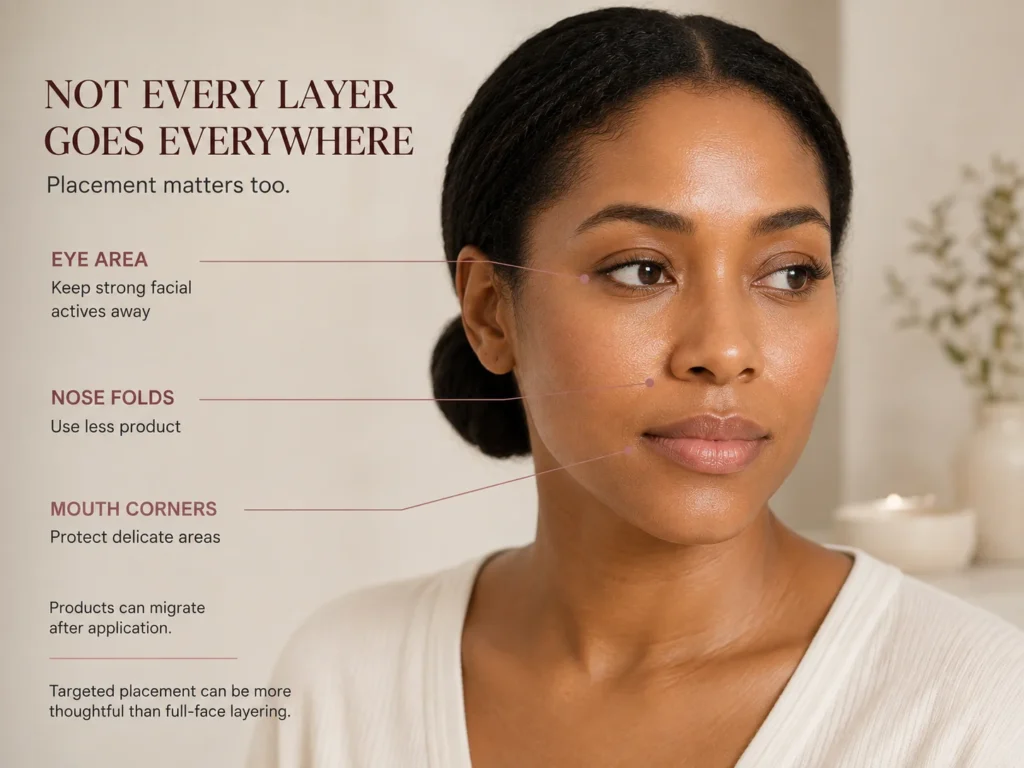 Sensitive-skin model with leader lines showing careful product placement around the eye area, nostril folds, and mouth corners.