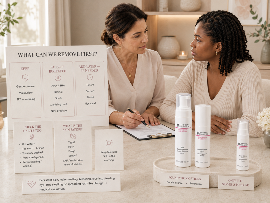 Esthetician simplifying a sensitive-skin routine into keep, pause, and add-later categories beside verified Janssen Sensitive Skin foundation products.