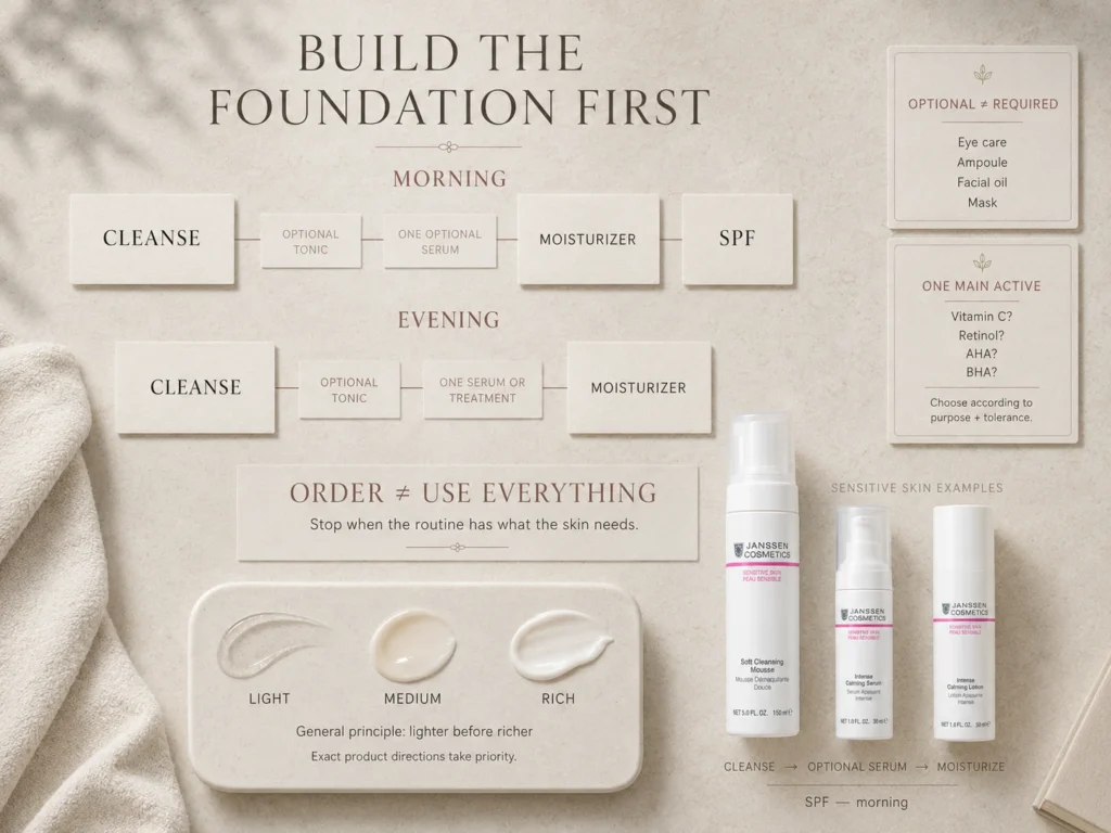 Luxury sensitive-skin layering guide showing a basic morning and evening order with tonic and serum clearly marked as optional.