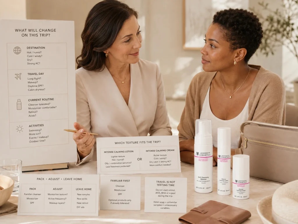 Esthetician helping a sensitive-skin client prepare a simple travel routine and choose between lighter or richer Janssen Sensitive Skin moisturizer textures based on destination and skin comfort.