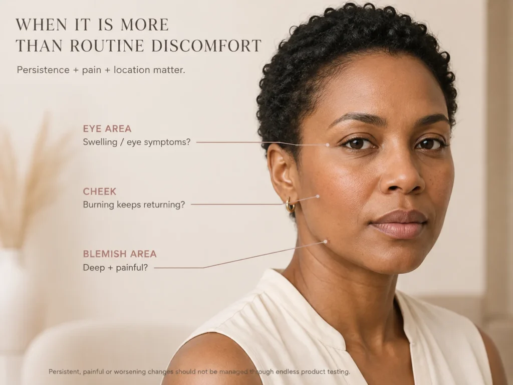 Sensitive-skin model with restrained leader lines highlighting recurring burning, eye-area symptoms, and a deep painful blemish as patterns that may need medical evaluation.