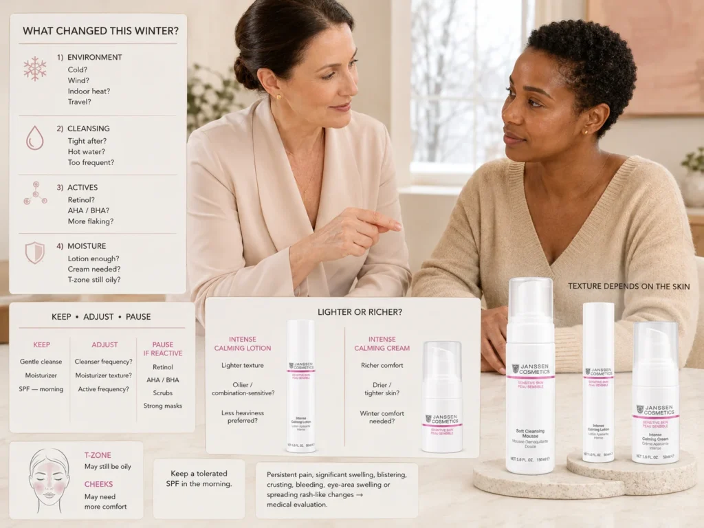 Esthetician helping a sensitive-skin client adjust her winter routine and choose between lighter Janssen Intense Calming Lotion and richer Intense Calming Cream based on seasonal skin comfort.