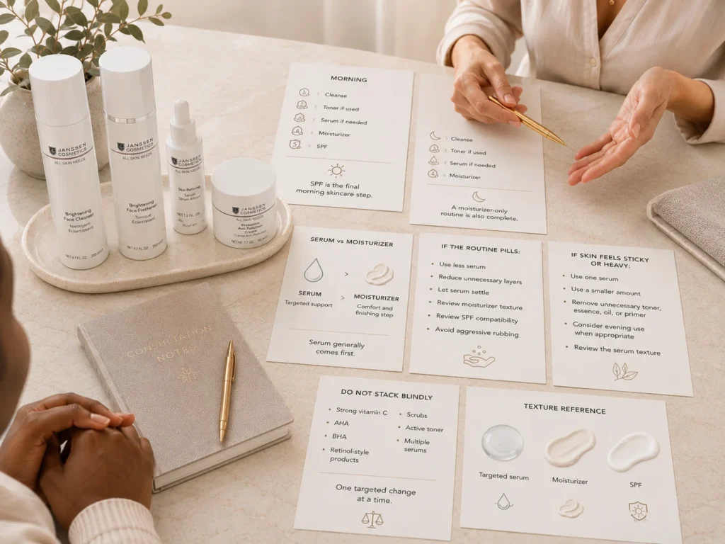 Dull-skin serum decision guide comparing dehydration, tired-looking skin, oily buildup, sensitive skin, and routine-foundation problems.