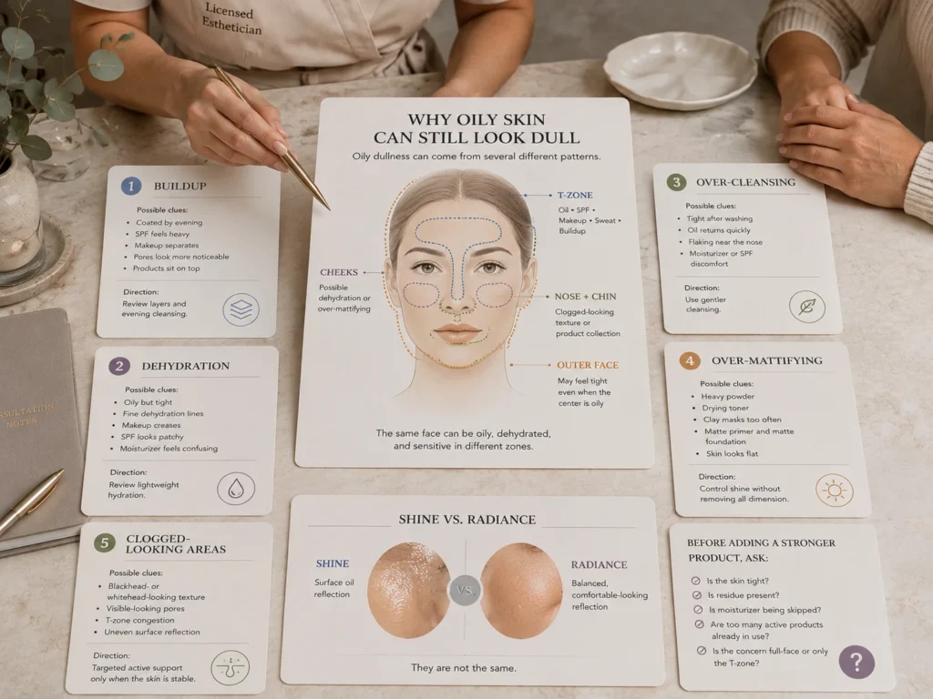 Oily dull-skin cause map comparing buildup, dehydration, over-cleansing, over-mattifying, and clogged-looking T-zone texture.