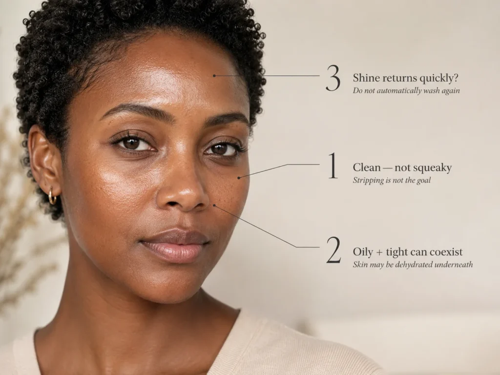 Close-up woman with three callouts explaining squeaky-clean skin, oily-but-tight dehydration, and why returning shine does not mean washing again.
