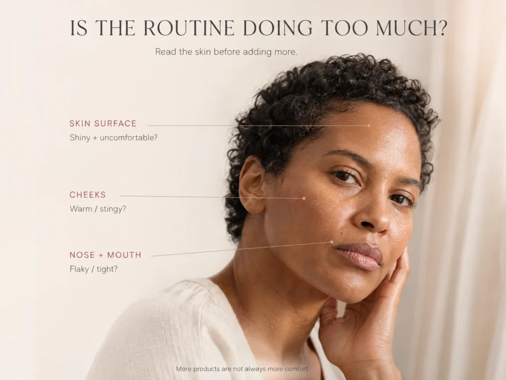 Sensitive-skin model with direct leader lines showing subtle cheek warmth, fine dryness near the nose and mouth, and shiny-but-uncomfortable skin.