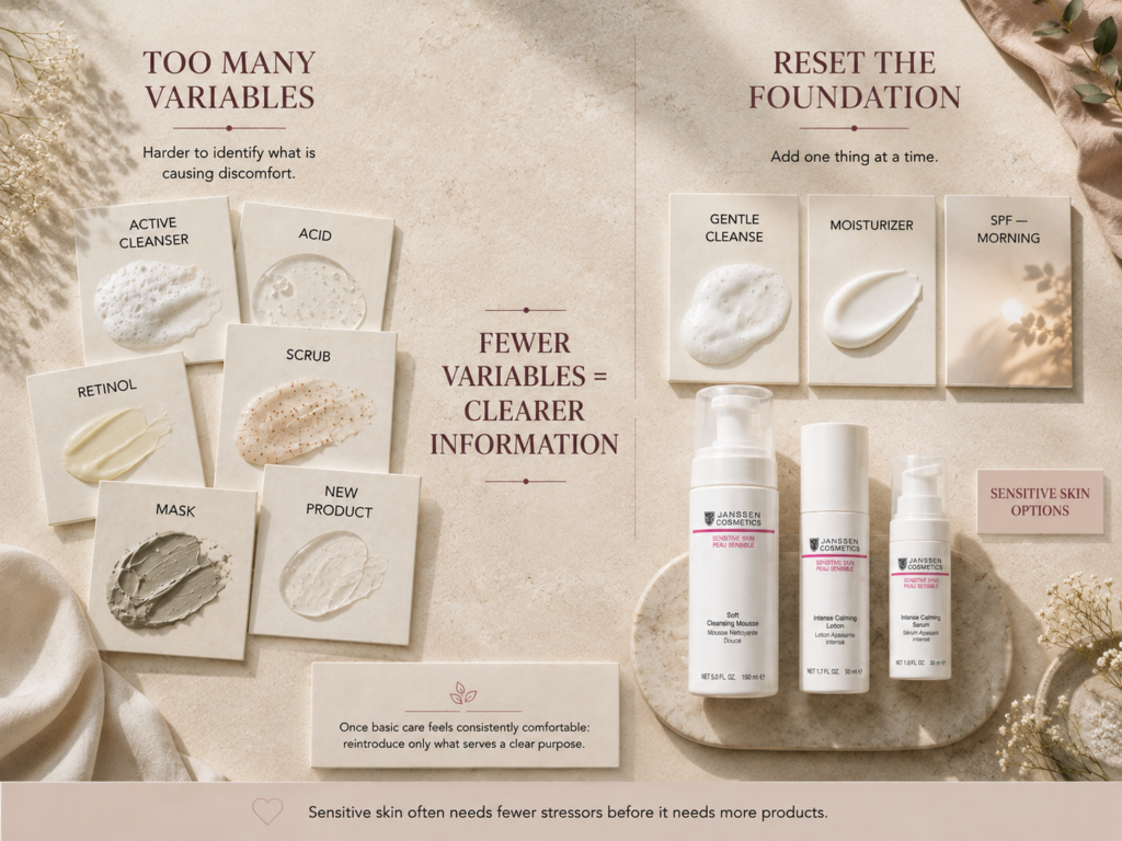 Luxury comparison showing too many sensitive-skin routine variables versus a simpler cleanser, moisturizer, and morning SPF foundation.