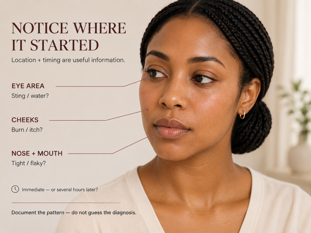Sensitive-skin model with leader lines identifying cheek, eye-area, and nose or mouth discomfort after a skincare product reaction.