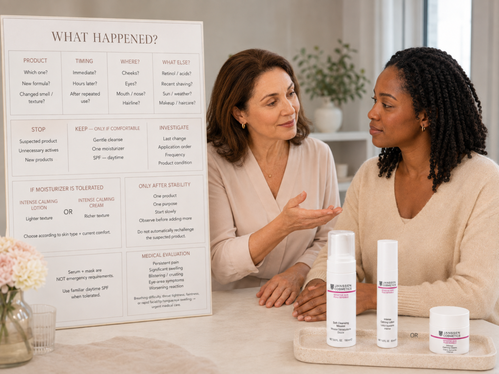 Esthetician helping a sensitive-skin client identify what caused a sudden product reaction, what to stop, what familiar basics may remain, and what should only be reconsidered later.