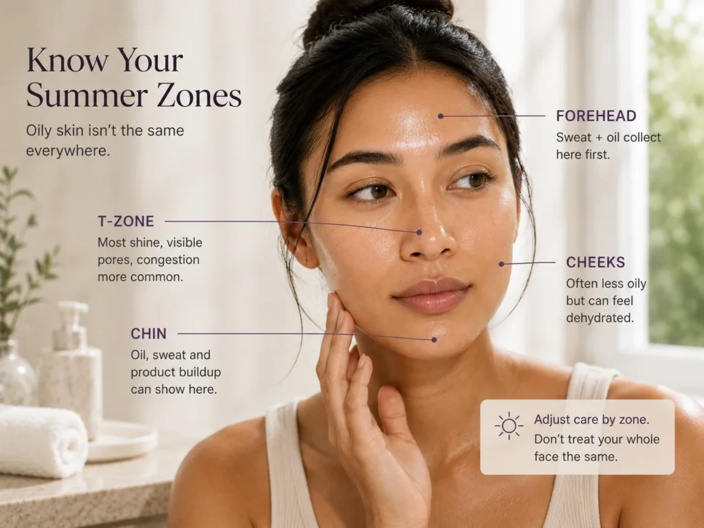 Summer oily-skin model with arrows showing forehead heat and sweat, T-zone oil and SPF layering, and cheeks that may still feel tight.