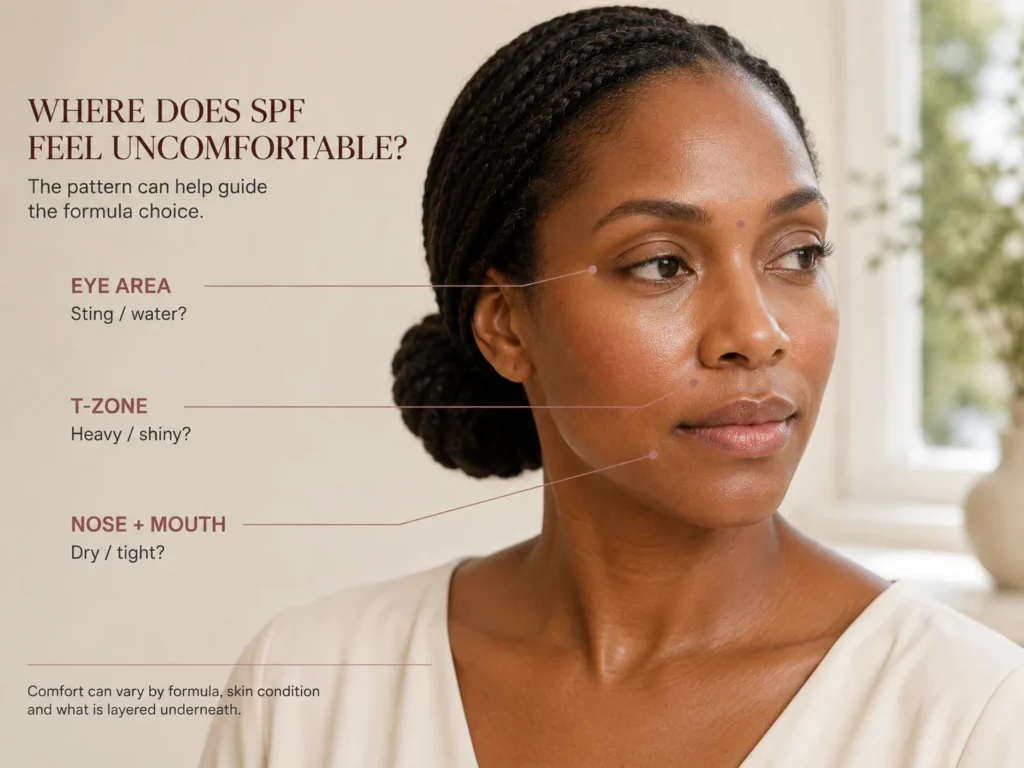 Sensitive-skin model with direct leader lines showing possible sunscreen discomfort around the eyes, oily T-zone, and dry nose or mouth areas.