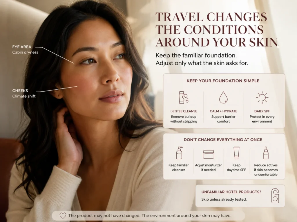 Traveler moving between dry air travel, a new destination climate, and an air-conditioned hotel environment that may change sensitive-skin comfort.