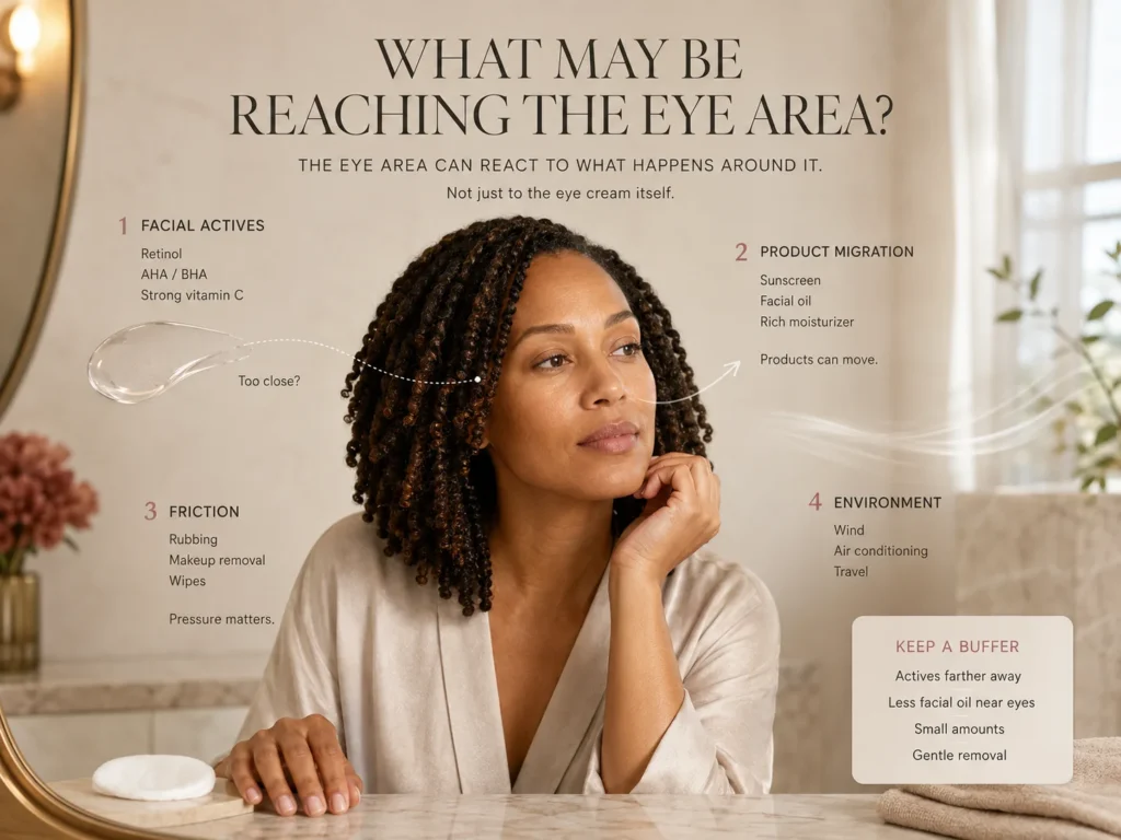 Luxury educational image showing how facial actives, sunscreen or facial oil migration, rubbing, and environmental exposure may affect the sensitive eye area.