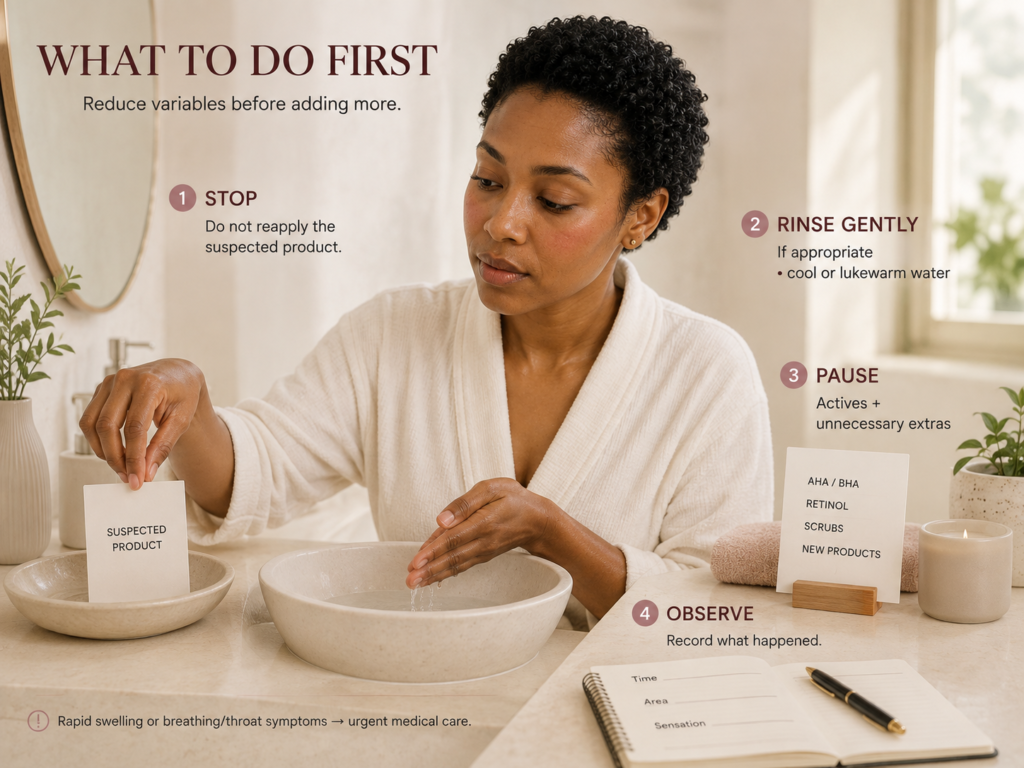 Luxury practical guide showing the first steps after a skincare reaction: stop the suspected product, rinse gently when appropriate, pause actives, and record what happened.
