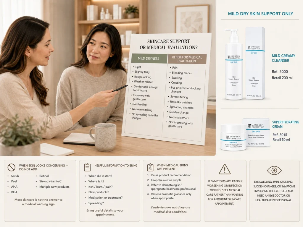 Licensed esthetician distinguishing mild cosmetic dry skin that may receive routine support from warning signs that should be referred for dermatologist or healthcare evaluation.